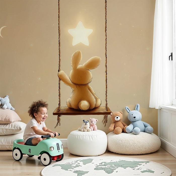 Lastenhuoneen tapetti | Unelmoiva pupu keinuu tähtien alla