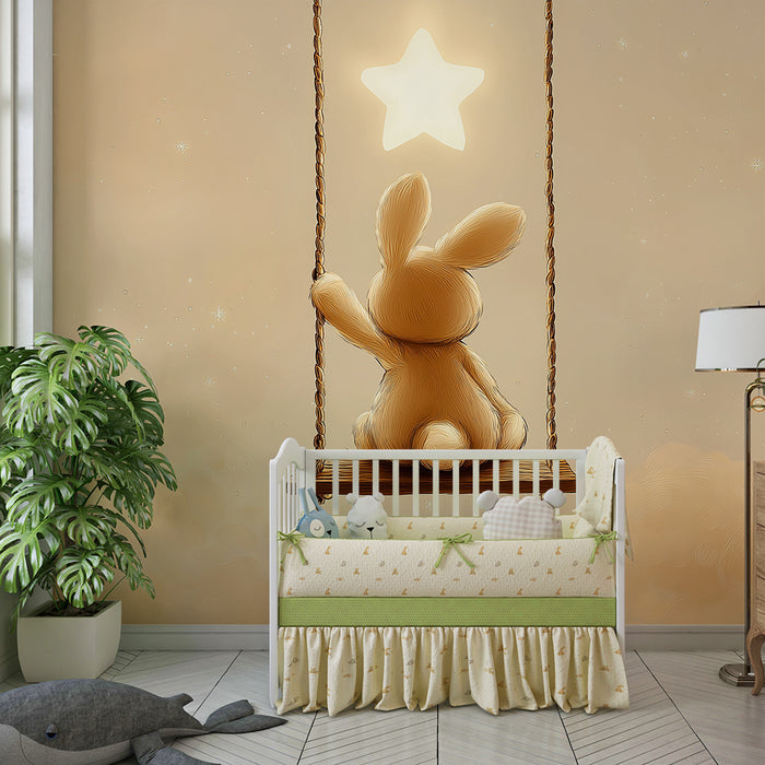 Lastenhuoneen tapetti | Unelmoiva pupu keinuu tähtien alla