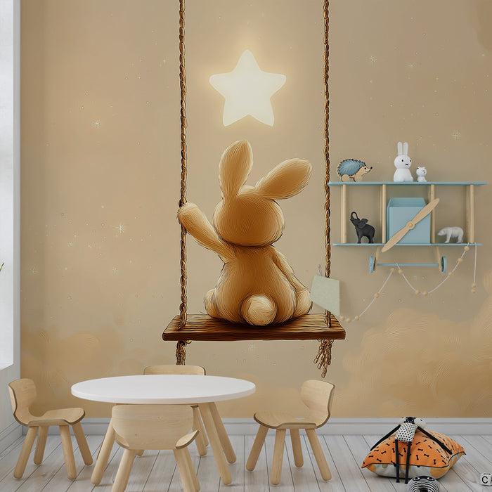 Lastenhuoneen tapetti | Unelmoiva pupu keinuu tähtien alla