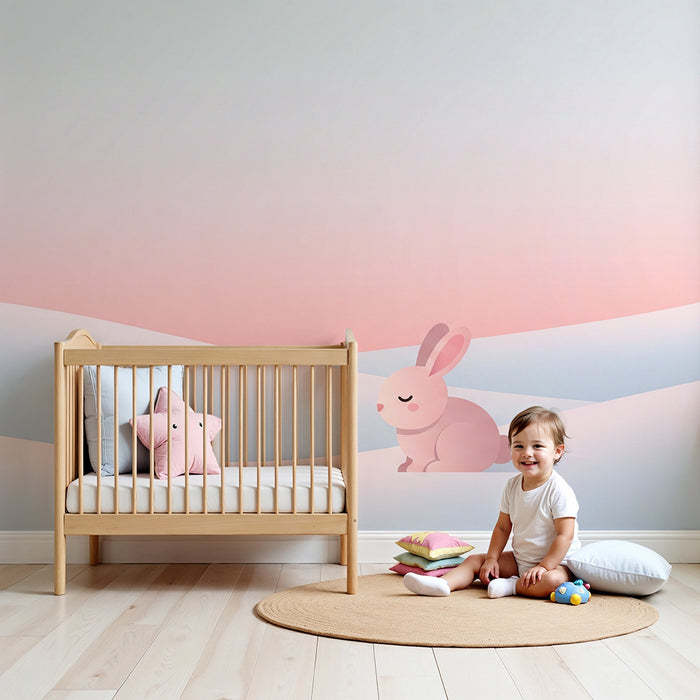 Babykamer behang | Roze konijn op een zachte en rustgevende achtergrond