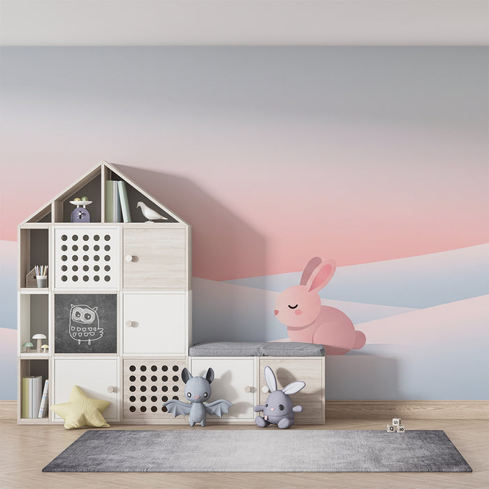 Babykamer behang | Roze konijn op een zachte en rustgevende achtergrond