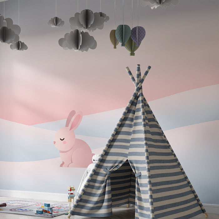 Babykamer behang | Roze konijn op een zachte en rustgevende achtergrond