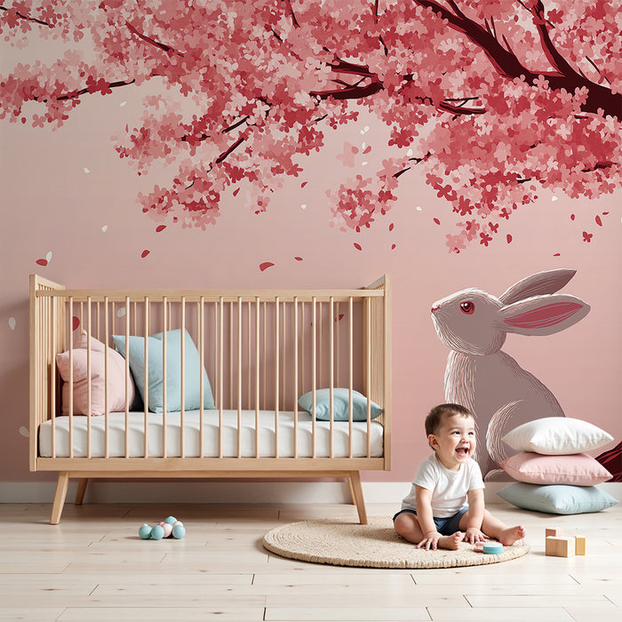 Papier peint chambre bébé | Lapin sous un cerisier en fleurs