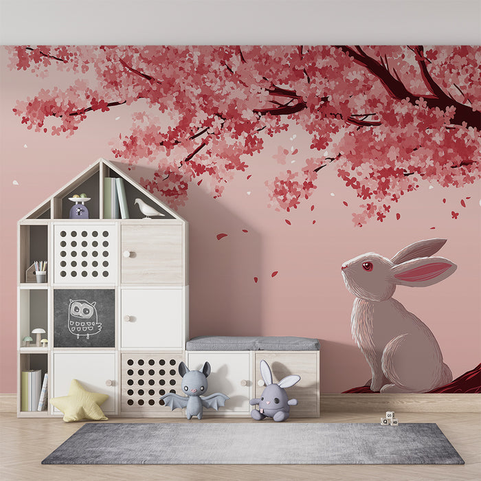 Papier peint chambre bébé | Lapin sous un cerisier en fleurs