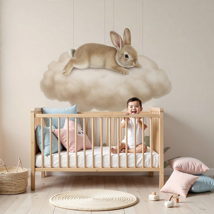 Papier peint chambre bébé | Lapin sur un nuage doux