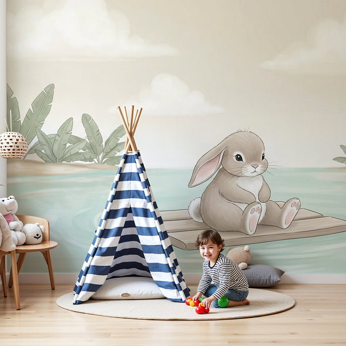 Papier peint chambre bébé | Lapin sur une radeau au milieu de la nature