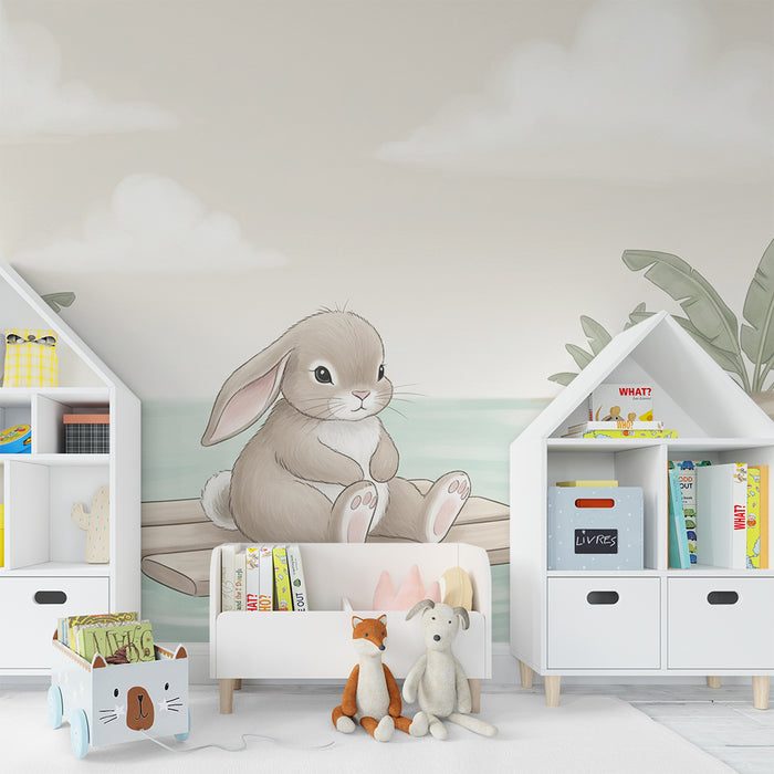 Papier peint chambre bébé | Lapin sur une radeau au milieu de la nature