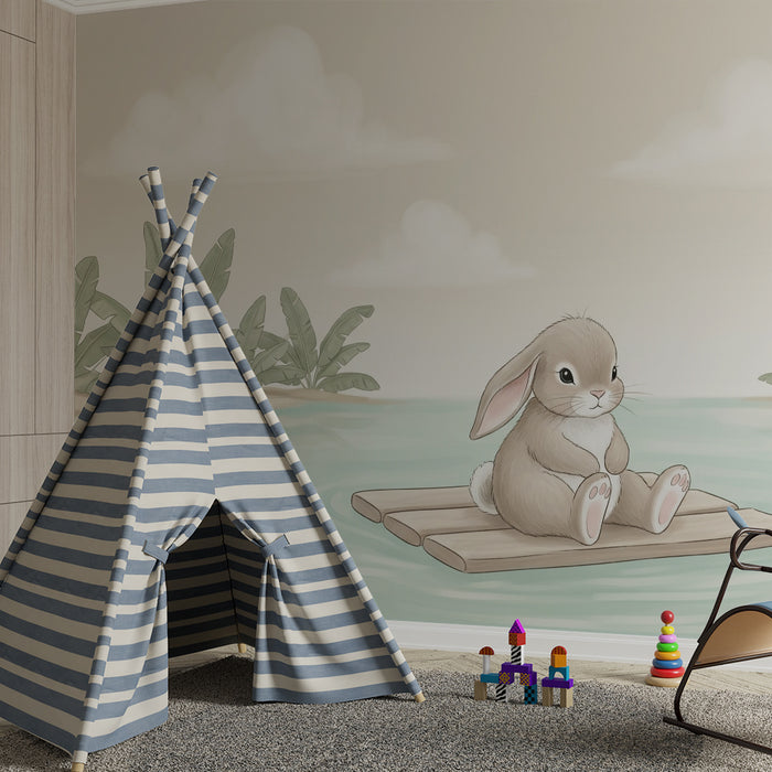 Papier peint chambre bébé | Lapin sur une radeau au milieu de la nature