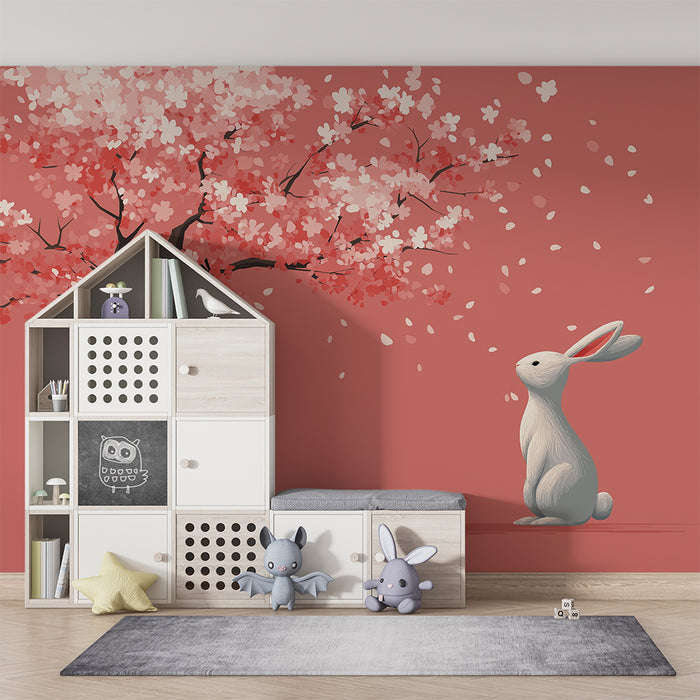 Papier peint chambre bébé | Lapin tout mignon sous un cerisier en fleurs