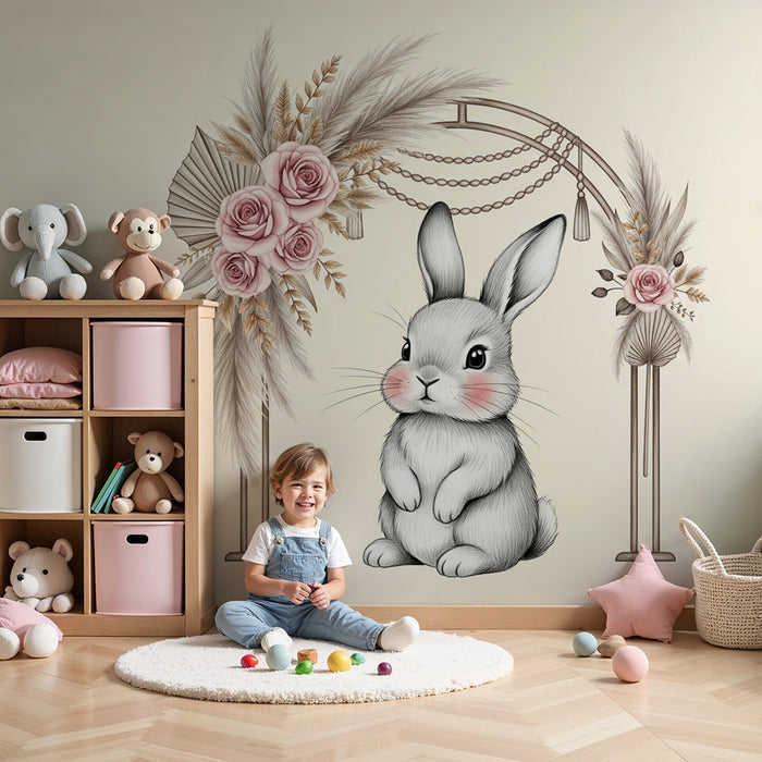 Papier peint chambre bébé | Lapin trop mignon et fleurs délicates