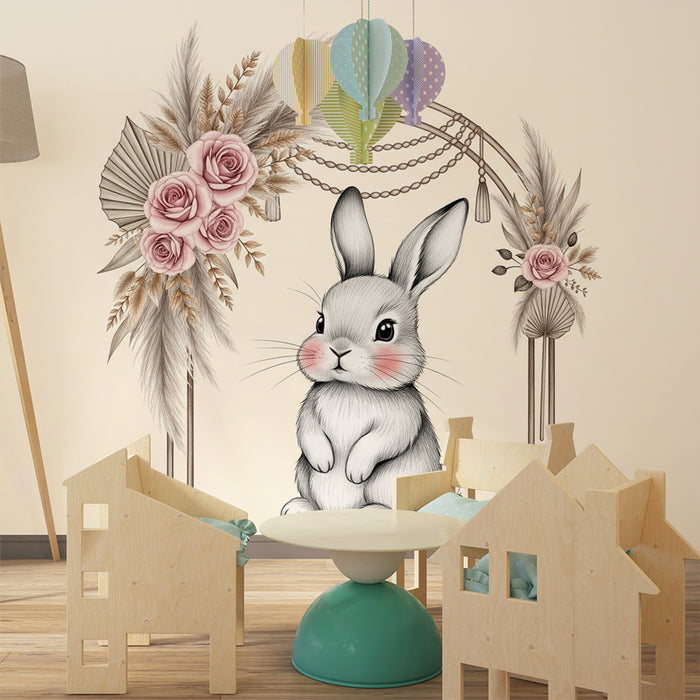 Papier peint chambre bébé | Lapin trop mignon et fleurs délicates