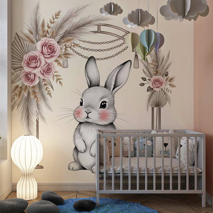 Papier peint chambre bébé | Lapin trop mignon et fleurs délicates