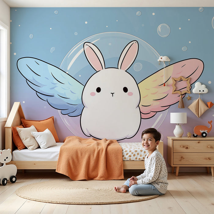 Papier de parede quarto bebê | Coelho voador com asas coloridas e bolhas