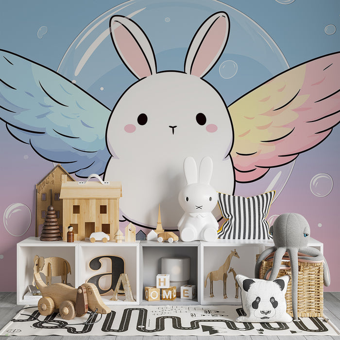 Papier de parede quarto bebê | Coelho voador com asas coloridas e bolhas