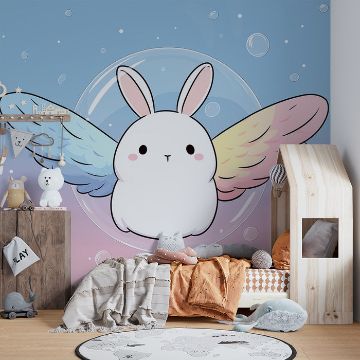 Papier de parede quarto bebê | Coelho voador com asas coloridas e bolhas