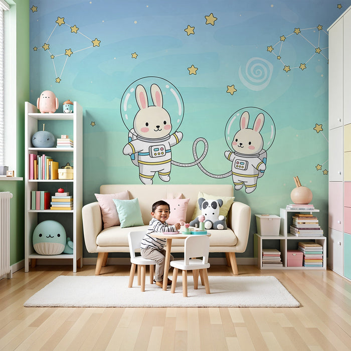 Nursery room wallpaper | Astronaut rabbits floating among the stars