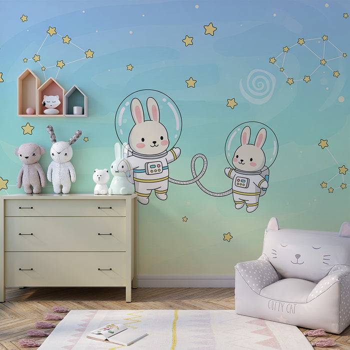 Nursery room wallpaper | Astronaut rabbits floating among the stars