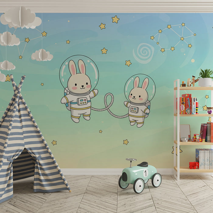 Nursery room wallpaper | Astronaut rabbits floating among the stars