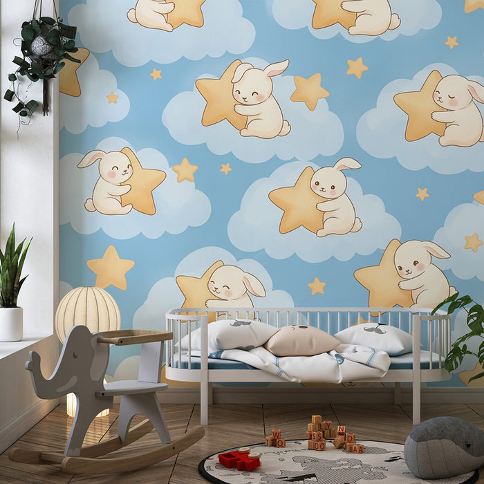 Tapete za dječju sobu | Punišci i zlatne zvijezde na plavom nebu