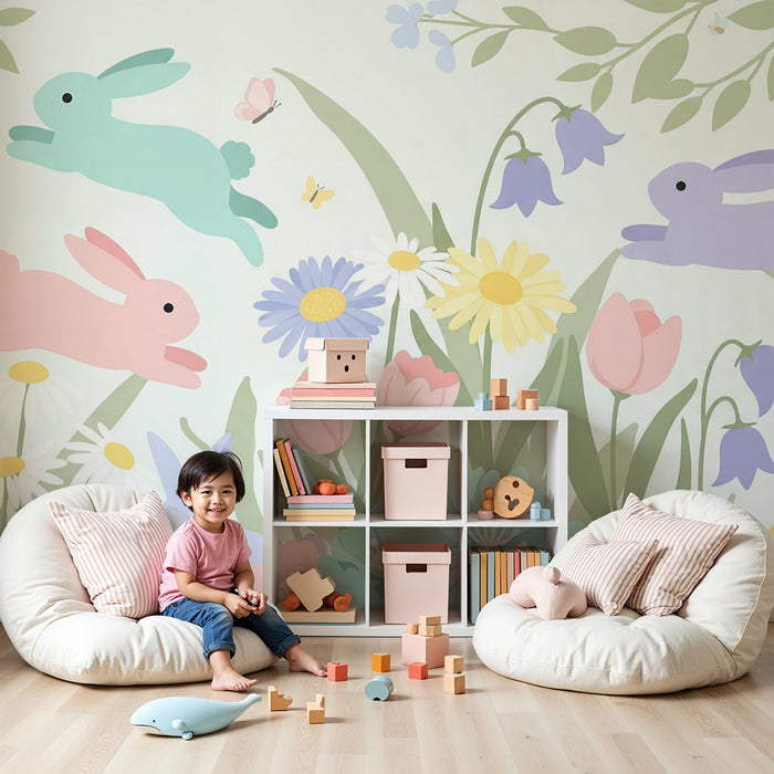 Papier peint chambre bébé | Lapins colorés dans un jardin fleuri