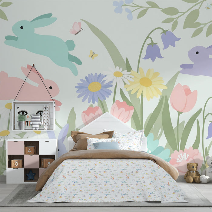 Papier peint chambre bébé | Lapins colorés dans un jardin fleuri
