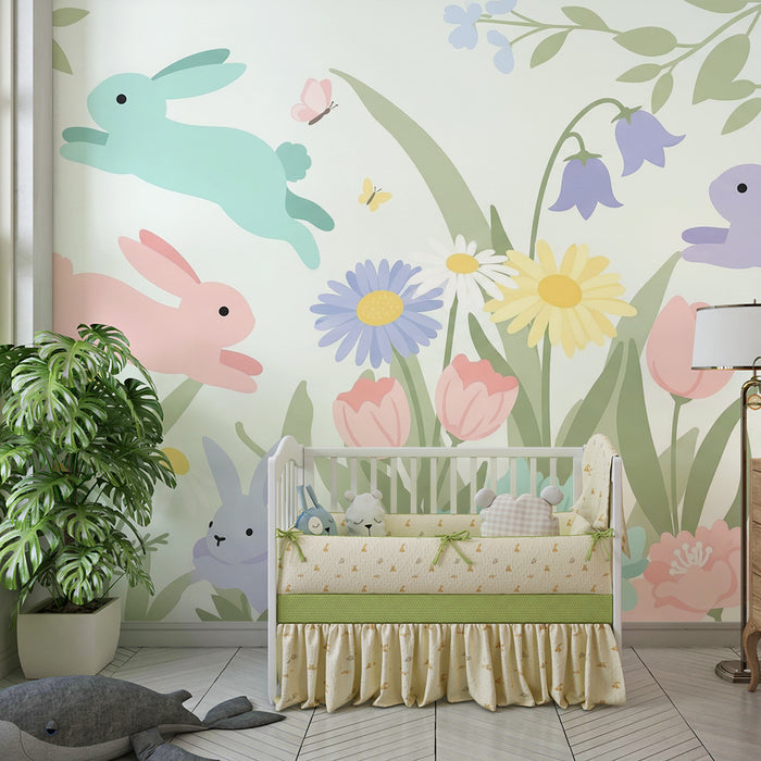 Papier peint chambre bébé | Lapins colorés dans un jardin fleuri