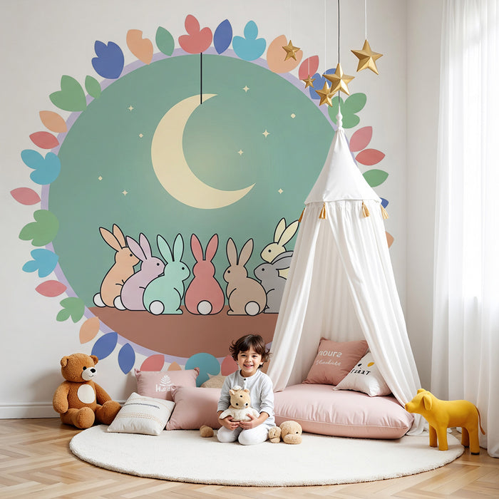 Nursery room wallpaper | Colorful rabbits under the moon