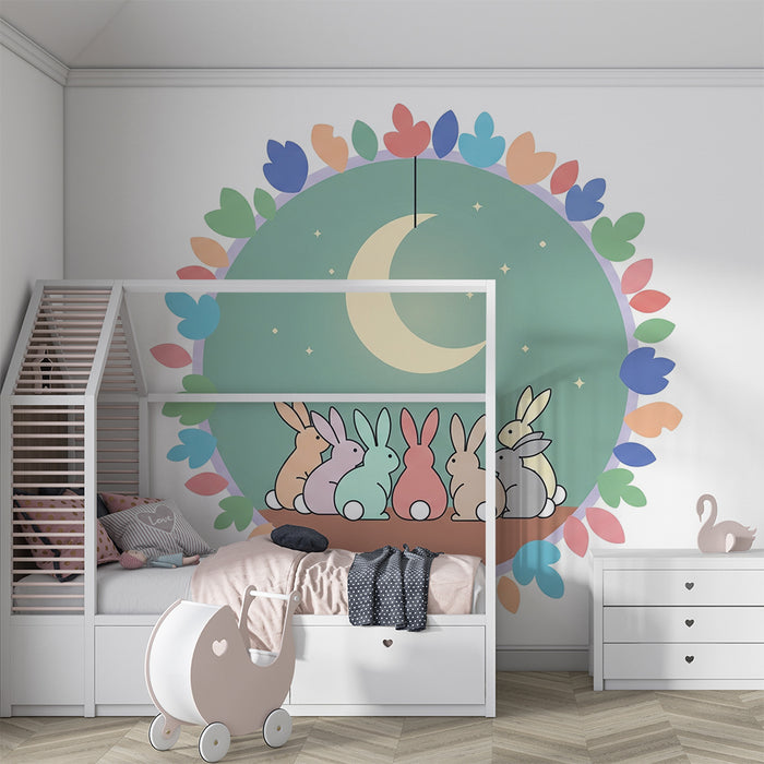 Nursery room wallpaper | Colorful rabbits under the moon