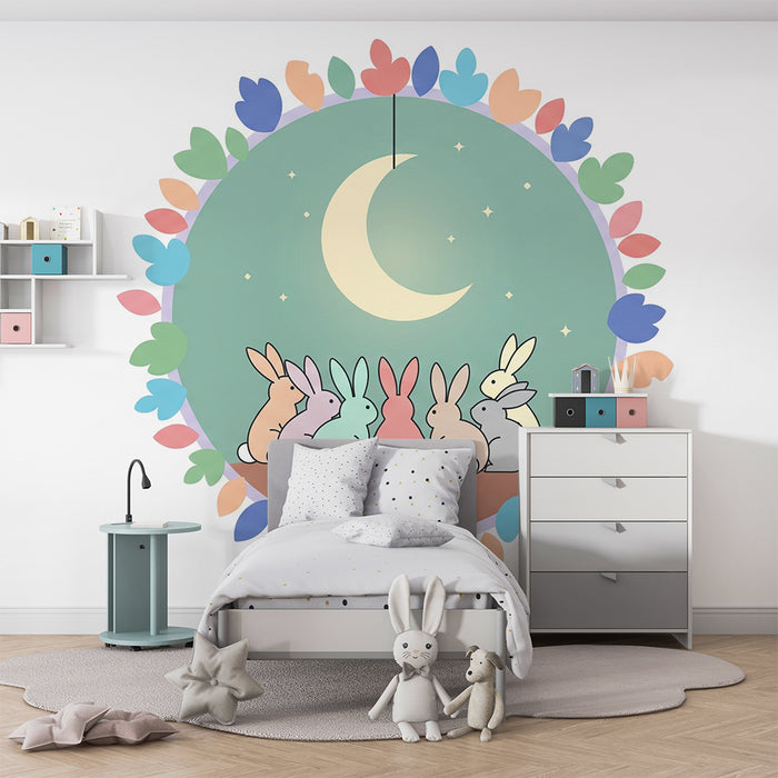 Nursery room wallpaper | Colorful rabbits under the moon