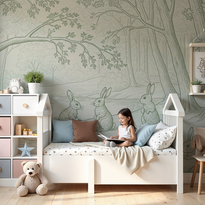 Papel pintado habitación bebé | Conejos en el bosque tranquilo con arroyo