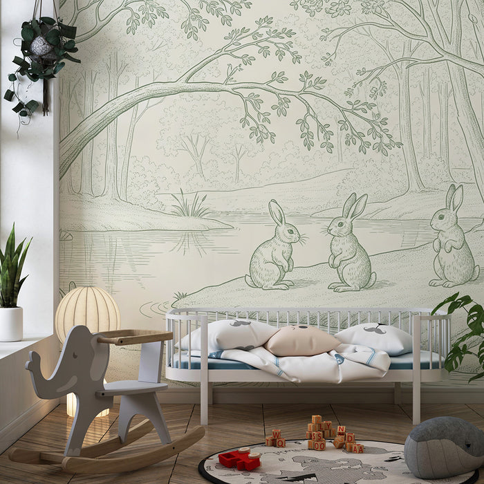 Papel pintado habitación bebé | Conejos en el bosque tranquilo con arroyo