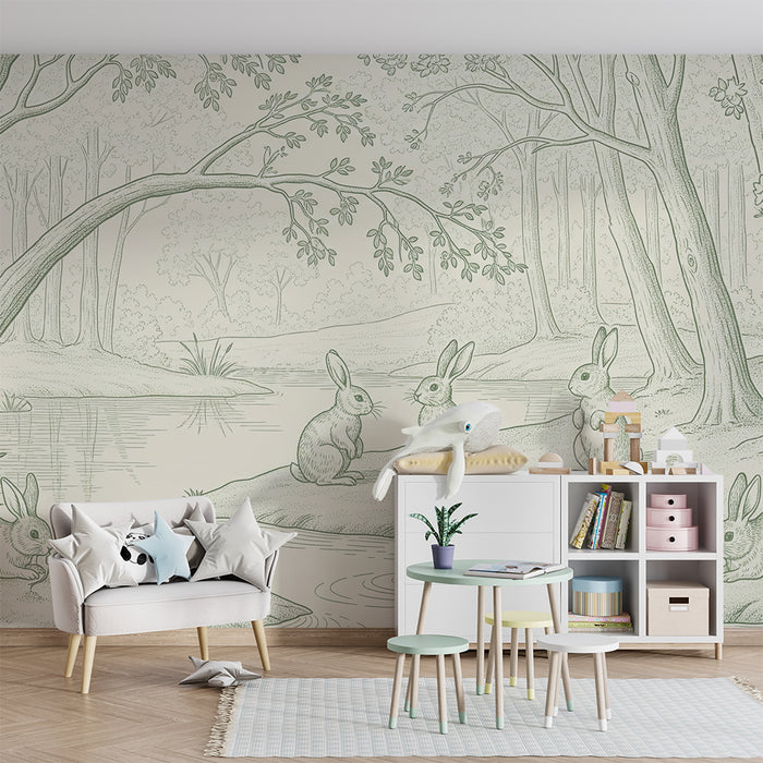 Papel pintado habitación bebé | Conejos en el bosque tranquilo con arroyo