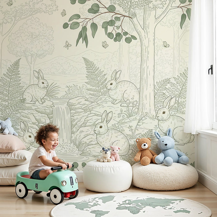 Papier peint chambre bébé | Lapins dans la nature avec feuillage délicat