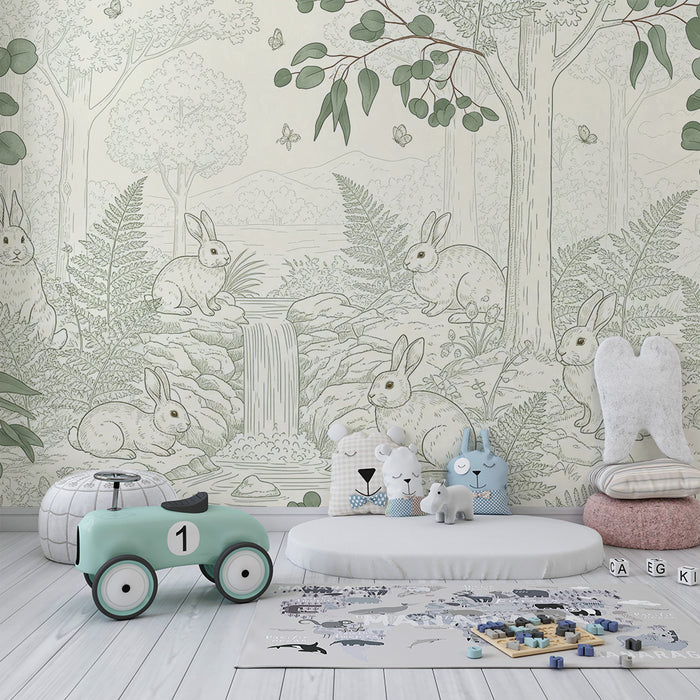Papier peint chambre bébé | Lapins dans la nature avec feuillage délicat