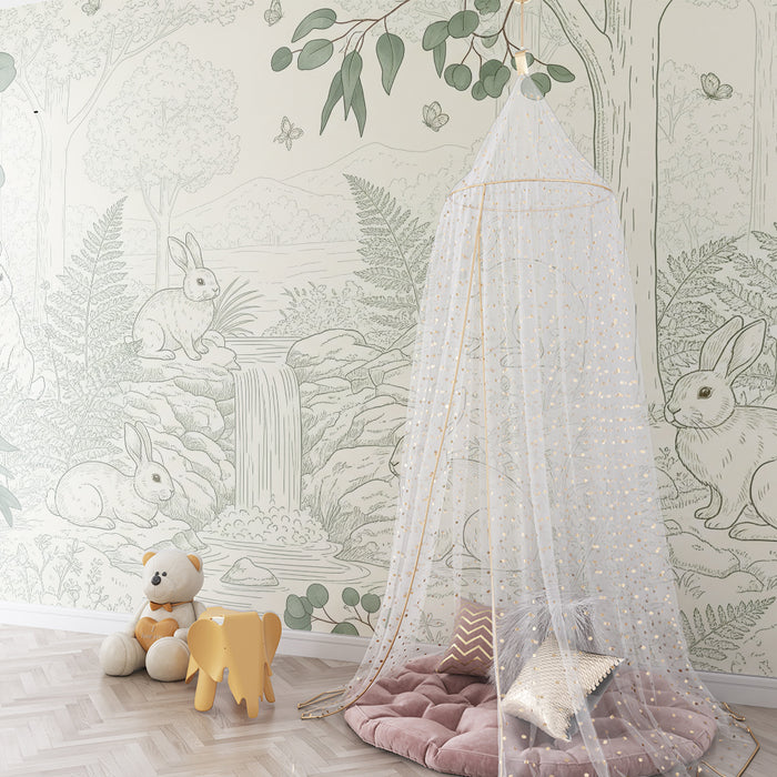Papier peint chambre bébé | Lapins dans la nature avec feuillage délicat
