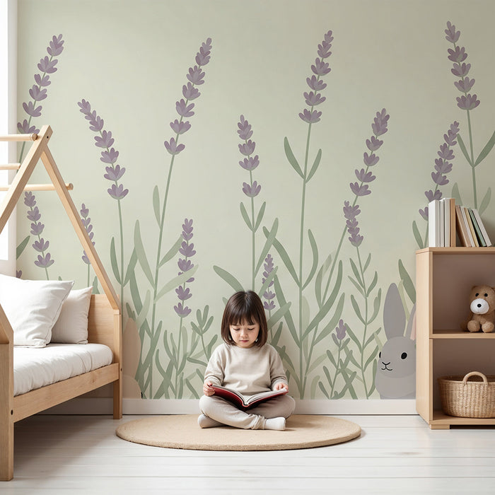 Papel pintado infantil | Conejos en un campo de lavanda
