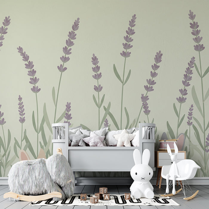 Papel pintado infantil | Conejos en un campo de lavanda