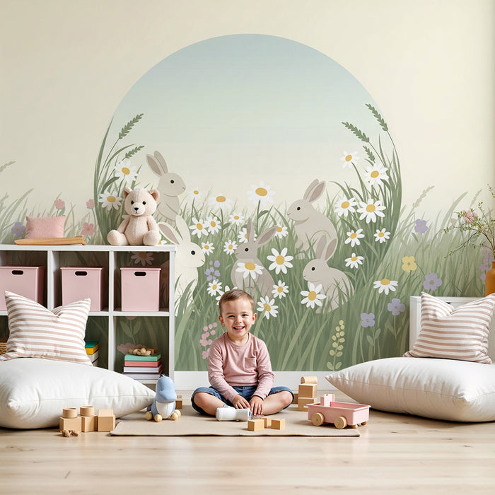 Barntapet | Kaniner i en blomstrande äng med prästkragar