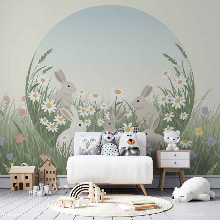 Barntapet | Kaniner i en blomstrande äng med prästkragar