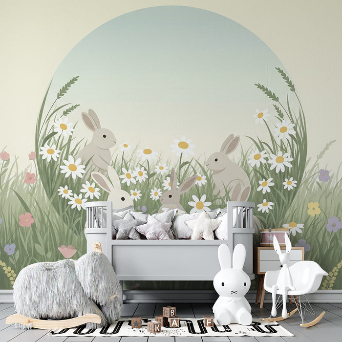 Barntapet | Kaniner i en blomstrande äng med prästkragar