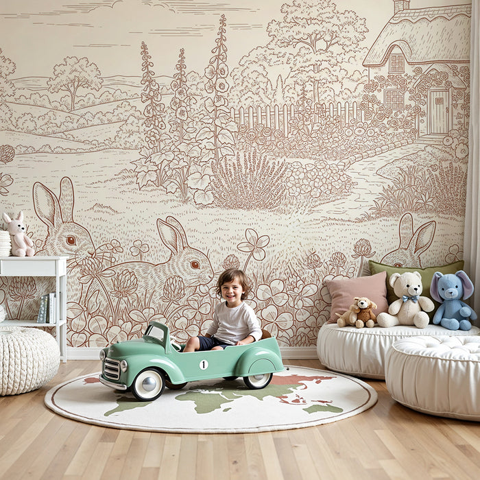 Tapet till babyrummet | Kaniner i en blomsterfylld trädgård med hus i bakgrunden