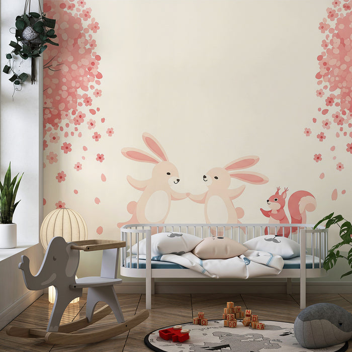 Papier peint chambre bébé | Lapins dans un jardin fleuri avec un écureuil espiègle