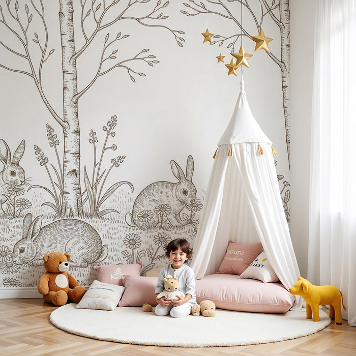 Tapete fürs Babyzimmer | Hasen in einem blühenden Garten unter Bäumen
