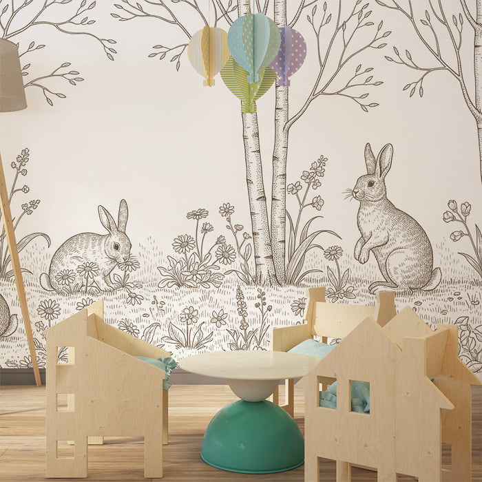 Tapete fürs Babyzimmer | Hasen in einem blühenden Garten unter Bäumen