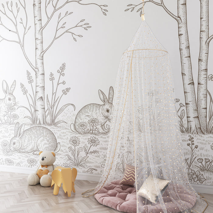 Tapete fürs Babyzimmer | Hasen in einem blühenden Garten unter Bäumen