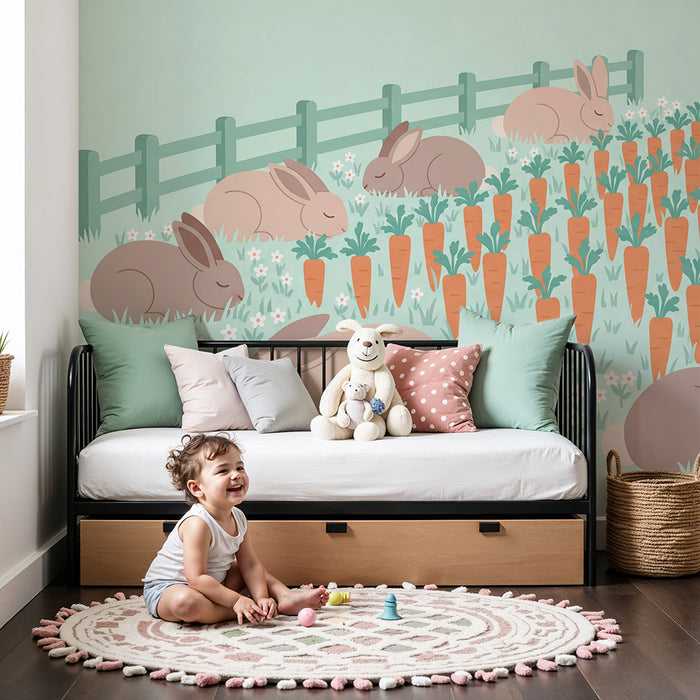 Barntapet | Sovande kaniner bland morötter och blommor