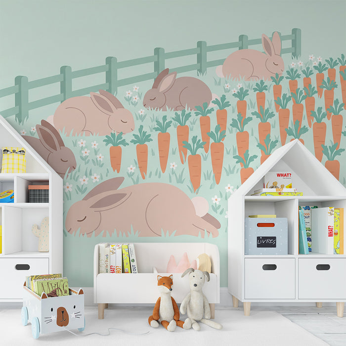 Barntapet | Sovande kaniner bland morötter och blommor