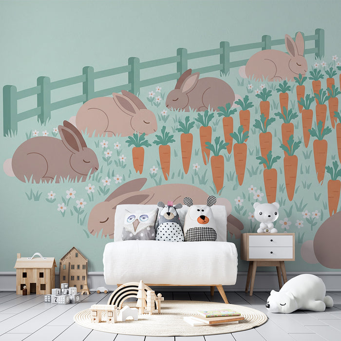 Barntapet | Sovande kaniner bland morötter och blommor