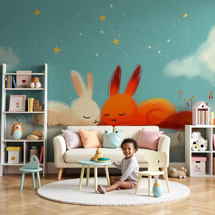 Papier peint chambre bébé | Lapins endormis sous un ciel étoilé
