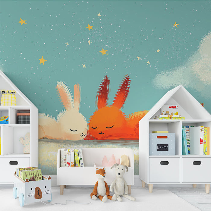 Papier peint chambre bébé | Lapins endormis sous un ciel étoilé